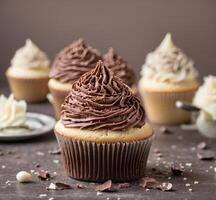 AI generated Chocolate cupcakes with chocolate frosting on a brown background. photo