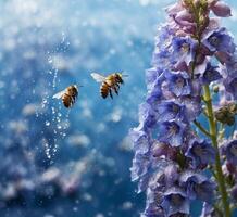 ai generado miel abeja coleccionar néctar en un azul espuela de caballero flor foto