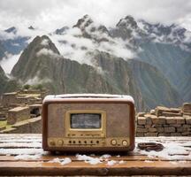 AI generated Vintage radio on wooden table in front of mountains and clouds. photo