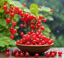 AI generated Red currant in a bowl on a wooden table in the rain photo