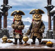 AI generated Sculpture of two pirates on a wooden table in the snow photo