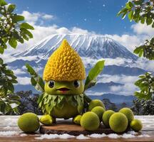 ai generado gracioso Durian mascota personaje con el montar fuji en el antecedentes. foto