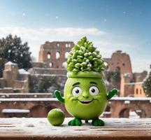 ai generado gracioso verde monstruo en frente de coliseo, Roma, Italia foto