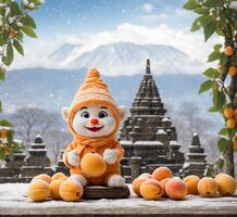 AI generated Apricot mascot character with apricots fruit on the background of Mount Fuji. photo