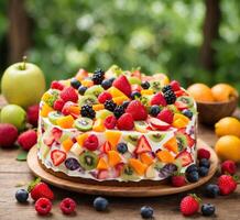 AI generated Fruit cake with fresh berries and fruits on wooden table in garden photo