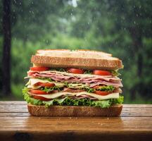 AI generated Sandwich with ham, cheese and vegetables on wooden table in rain photo