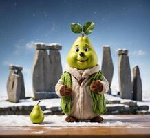 AI generated Funny pear mascot character with pear on snowy megalithic background photo