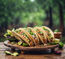 AI generated Mexican tacos with meat, vegetables and cheese on a wooden background photo