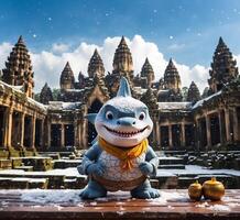 AI generated Funny Shark Mascot Character with Angkor Wat, Siem Reap, Cambodia, Asia. photo