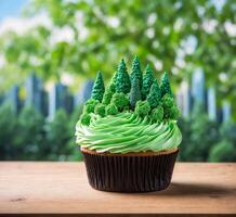 AI generated Christmas cupcake with green tree on wood table and blurred background. photo