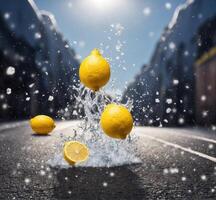 AI generated Lemon fruit falling into the water on the road in the city photo