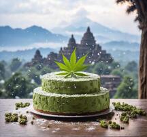 AI generated Cannabis cake with cannabis leaf on wooden table in front of mountains. photo