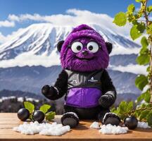 ai generado linda panda oso con negro grosella y monte. fuji en el antecedentes foto