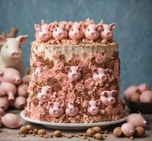 AI generated Cake with piglets on the table, vertical, close-up photo