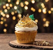 AI generated Cupcake with golden leaf on wooden table with christmas lights in background photo