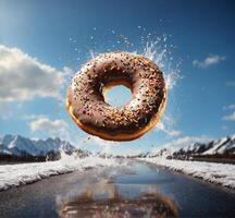 AI generated Flying donut with sprinkles on asphalt road. Mixed media. photo