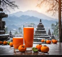 AI generated Persimmon juice and persimmon fruit on wooden table with mountain background photo