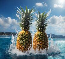 AI generated Pineapples in the water with splashes of water. photo