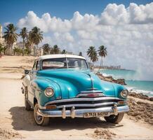 ai generado antiguo americano coche en el playa en la Habana, Cuba. la Habana es el capital y mas grande ciudad de Cuba. foto
