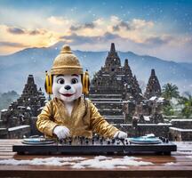 ai generado DJ jugando música en frente de borobudur templo, Indonesia foto