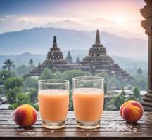 AI generated Peach juice in glass and fresh fruit on wooden table in front of panoramic view. photo
