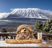 AI generated Funny dog with bread and a glass of milk on the background of Mount Fuji photo