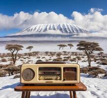 AI generated Vintage radio on the background of Mount Kilimanjaro, Tanzania photo