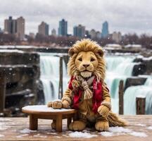 AI generated Lion sitting on a wooden bench in front of Niagara Falls. photo