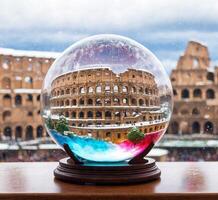 ai generado nieve globo con ver de coliseo en Roma, Italia foto