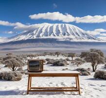 ai generado Clásico televisión en el antecedentes de montar fuji en invierno, Japón foto