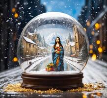 AI generated Snow globe with the image of Mary in the snow. Christmas background photo