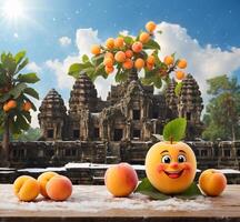 AI generated Funny face with apricots on wooden table in front of Angkor Wat, Cambodia photo