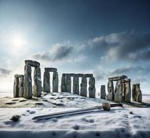 AI generated Sword infront of Stonehenge in winter. Stonehenge is one of the most famous landmark in England. photo