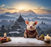 ai generado cerdo en tradicional disfraz sentado a de madera mesa con bali templo, Indonesia foto