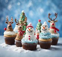 AI generated Christmas cupcakes with snowman and reindeer, selective focus photo