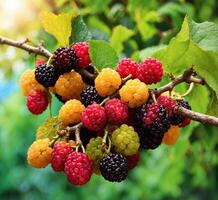 AI generated Black and red mulberry fruits on a branch in the garden. photo