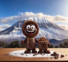 AI generated Cute chocolate mascot and candies on a wooden table and snow mountain background photo