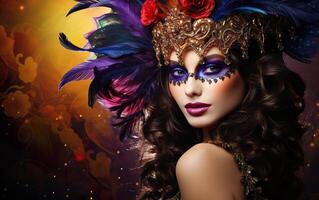 AI generated Happy Mardi Gras poster. A pretty brunette woman wearing a carnival mask. Venetian masquerade costume party outfit with feathers. Body art style face covering. AI Generative photo