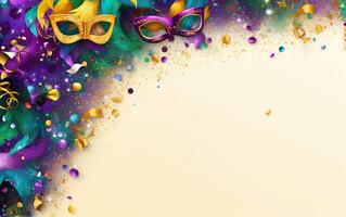 AI generated Happy Mardi Gras poster. Banner template, Venetian masquerade masks, confetti, colourful feathers isolated on light background, copy space. Costume party or carnival flyer. AI Generative photo