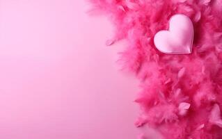 AI generated Doll style pink valentines day background with feathers and silky heart, top view, over the shoulder, copy space at the left. AI Generative photo