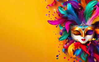 AI generated Mardi Gras poster. Banner template with Venetian masquerade mask, confetti and feathers isolated on warm yellow background, copy space. Costume party flyer for carnivals. AI Generative photo