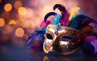 AI generated Happy Mardi Gras poster. Banner template, photorealistic Venetian carnival mask, bright feathers, blurred background. Costume party flyer for masquerades. Bokeh, de focus. AI Generative photo
