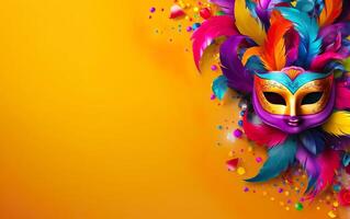 AI generated Happy Mardi Gras poster. Banner template, Venetian masquerade mask, confetti and feathers isolated on warm yellow background, copy space. Costume party flyer for carnivals. AI Generative photo