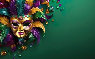 AI generated Happy Mardi Gras poster. Venetian masquerade mask on green background, copy space at the right. Sequin mask for carnivals. Costume party outfit. Paper mache face covering. AI Generative photo