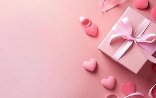 AI generated Warm pink background with felt hearts and a gift box, over the shoulder, top view, flat lay, copy space at the left. Valentines day, engagement or wedding party poster. AI Generative photo