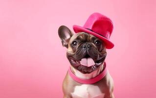 AI generated Happy french brown bulldog with tongue out, with pink hat and a pink dog collar isolated on bright doll pink background. AI Generative. photo