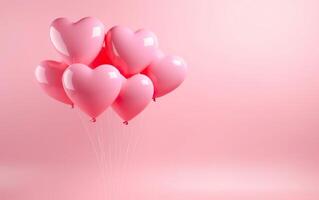 AI generated Close knit bunch of pastel pink heart shaped balloons tied together isolated on pink background. Copy space at the right. Valentines day, engagement or wedding party poster. AI Generative photo