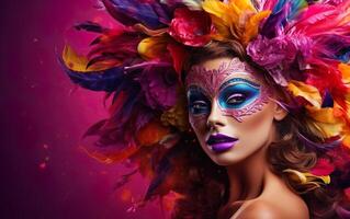 AI generated Happy Mardi Gras poster. Woman in gorgeous Venetian masquerade mask, bright feathers on purple background. Costume party outfit for carnivals. Face covering, purple lips. AI Generative photo