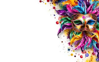 AI generated Happy Mardi Gras poster, copy space. Venetian masquerade sequin mask with feathers for carnivals isolated on white background. Costume party outfit. Face covering. AI Generative photo