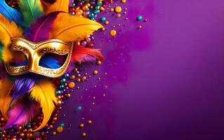 AI generated Happy Mardi Gras poster. Banner template, Venetian masquerade mask, confetti, feathers isolated on purple background, copy space. Costume party flyer for carnivals. AI Generative photo